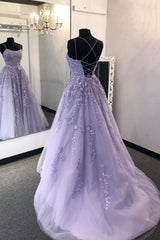 Purple Lace Long A-Line Prom Dress Outfits For Girls, Spaghetti Strap Backless Evening Dress