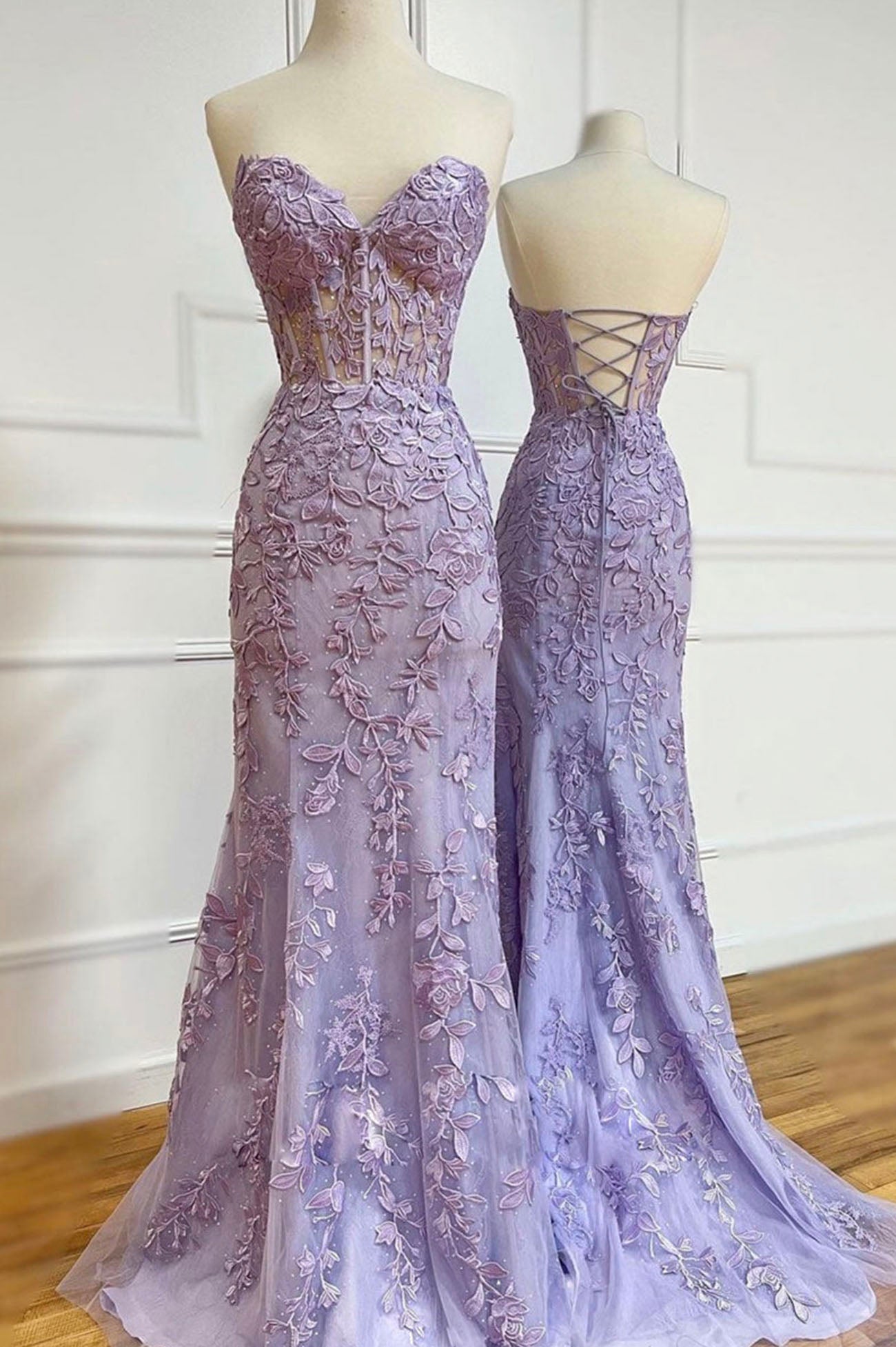 Purple Lace Long Mermaid Prom Dresses For Black girls For Women, Strapless Evening Dresses