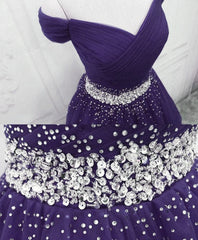 Purple Off Shoulder Knee Length Beaded Tulle Homecoming Dress Outfits For Girls, Sweetheart Short Prom Dress