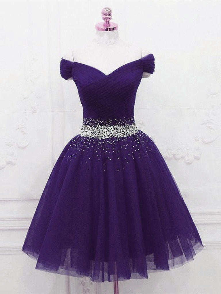 Purple Off Shoulder Knee Length Beaded Tulle Homecoming Dress Outfits For Girls, Sweetheart Short Prom Dress