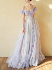 Purple Off Shoulder Tulle Sequin Long Prom Dress Outfits For Girls, Purple Formal Dress