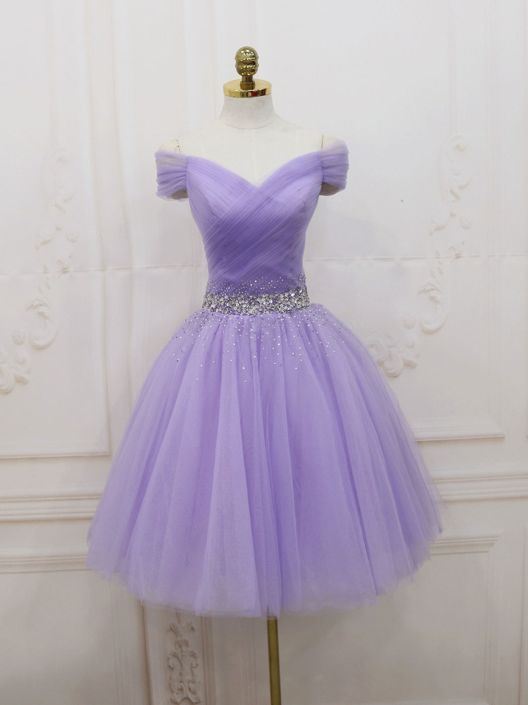 Purple Off Shoulder Tulle Sequin Prom Dress Outfits For Women Purple Puffy Homecoming Dress