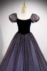 Purple Scoop Tulle Long A-Line Prom Dress Outfits For Girls, Lovely Short Sleeve Evening Dress