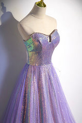 Purple Sequins Long A-Line Prom Dress Outfits For Girls, Purple Strapless Evening Graduation Dress