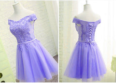 Purple Short Sleeves Lace Off Shoulder Party Dress Outfits For Girls, Cute Purple Homecoming Dress