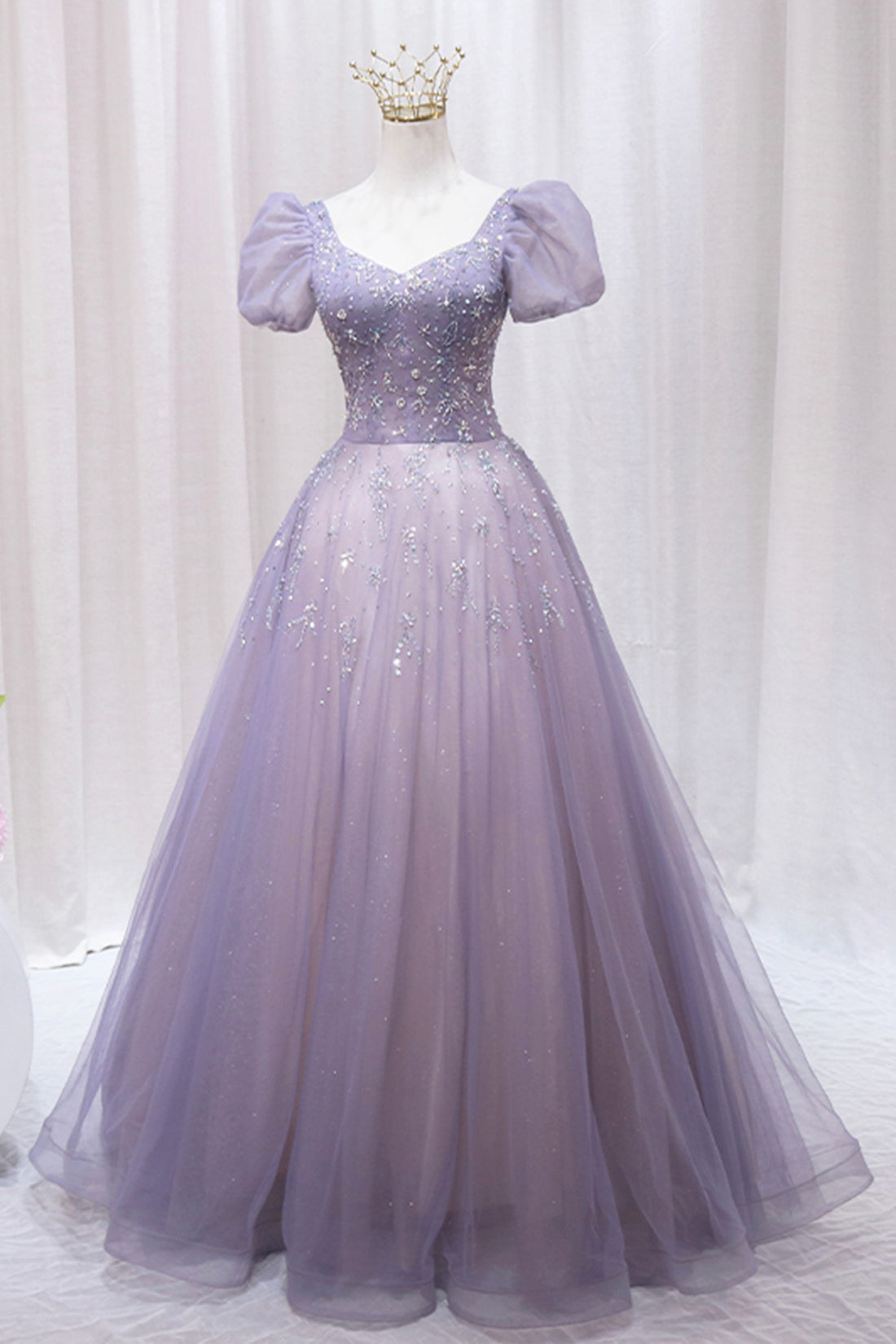 Purple Tulle Beaded Long Formal Dress Outfits For Girls, Cute A-Line Evening Dress