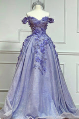 Purple Tulle Lace Floor Length Prom Dress Outfits For Girls, Off the Shoulder Evening Dress