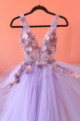 Purple Tulle Lace Long A-Line Prom Dress Outfits For Girls, V-Neck Evening Party Dress