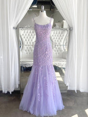 Purple tulle lace mermaid long prom Dress Outfits For Girls, purple lace evening dress