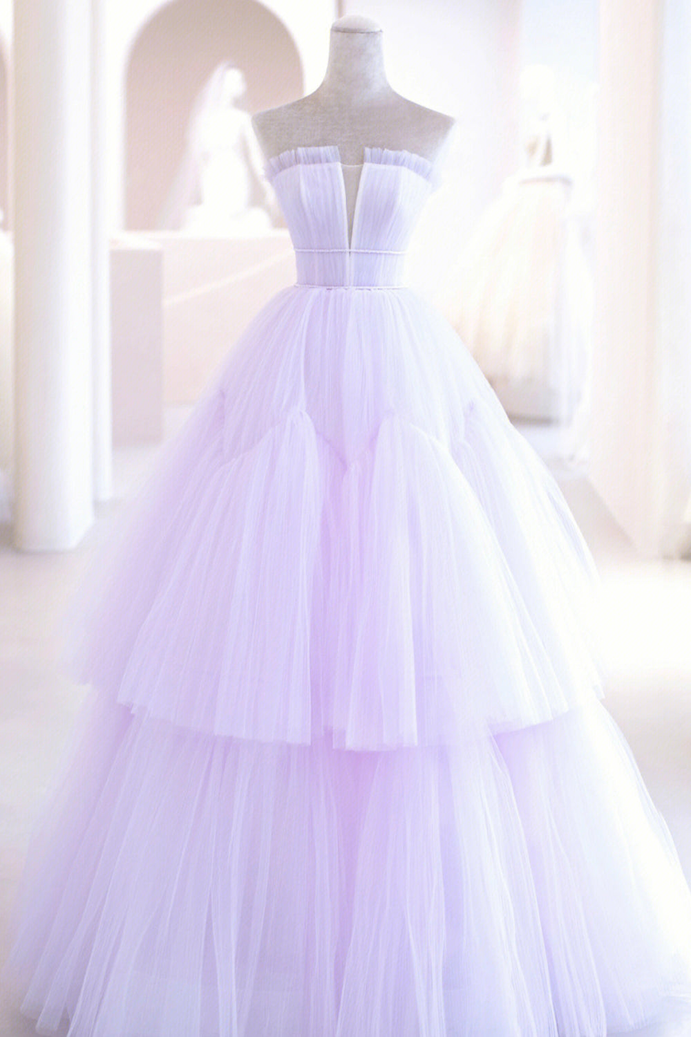 Purple Tulle Long A-Line Prom Dress Outfits For Girls, A-Line Strapless Evening Gown