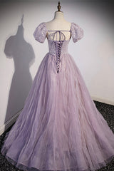 Purple Tulle Long A-Line Prom Dress Outfits For Girls, Purple Short Sleeve Evening Party Dress
