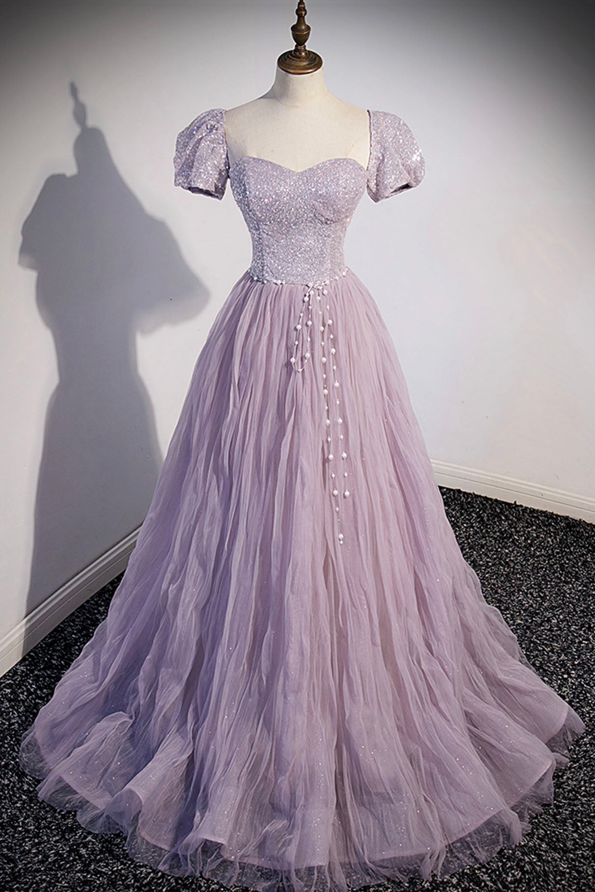 Purple Tulle Long A-Line Prom Dress Outfits For Girls, Purple Short Sleeve Evening Party Dress