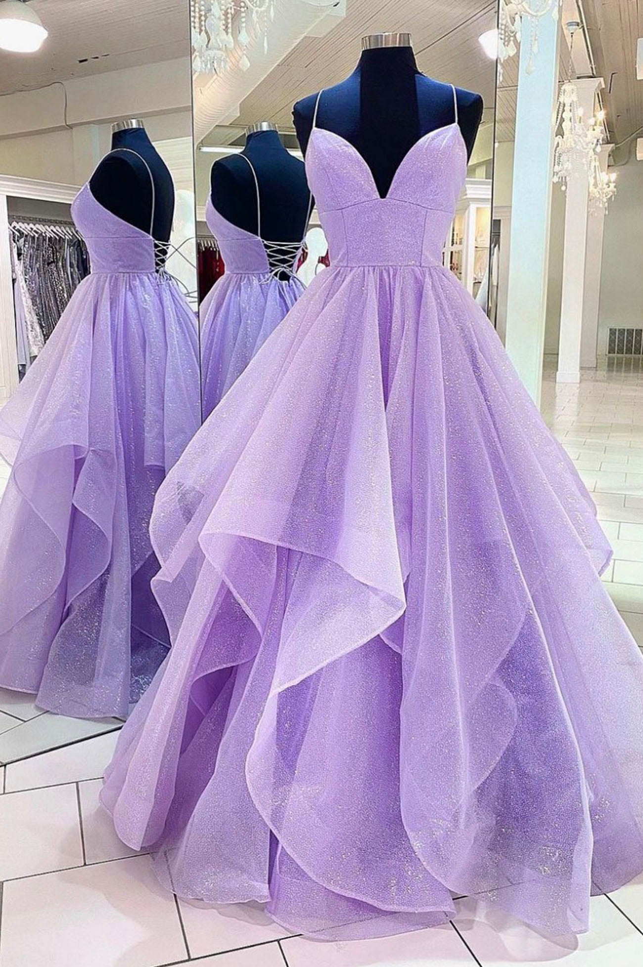 Purple Tulle Long A-Line Prom Dress Outfits For Girls, Spaghetti Strap Formal Evening Dress