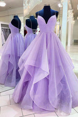 Purple Tulle Long A-Line Prom Dress Outfits For Girls, Spaghetti Strap Formal Evening Dress