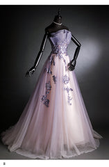 Purple Tulle Long Gradient Party Dress Outfits For Women with Flower Lace Applique, Light Purple Prom Dresses