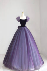 Purple Tulle Long Prom Dress Outfits For Women with Velvet, Cute A-Line Short Sleeve Evening Dress