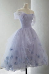 Purple Tulle Short A-Line Prom Dress Outfits For Girls, Cute Off the Shoulder Party Dress