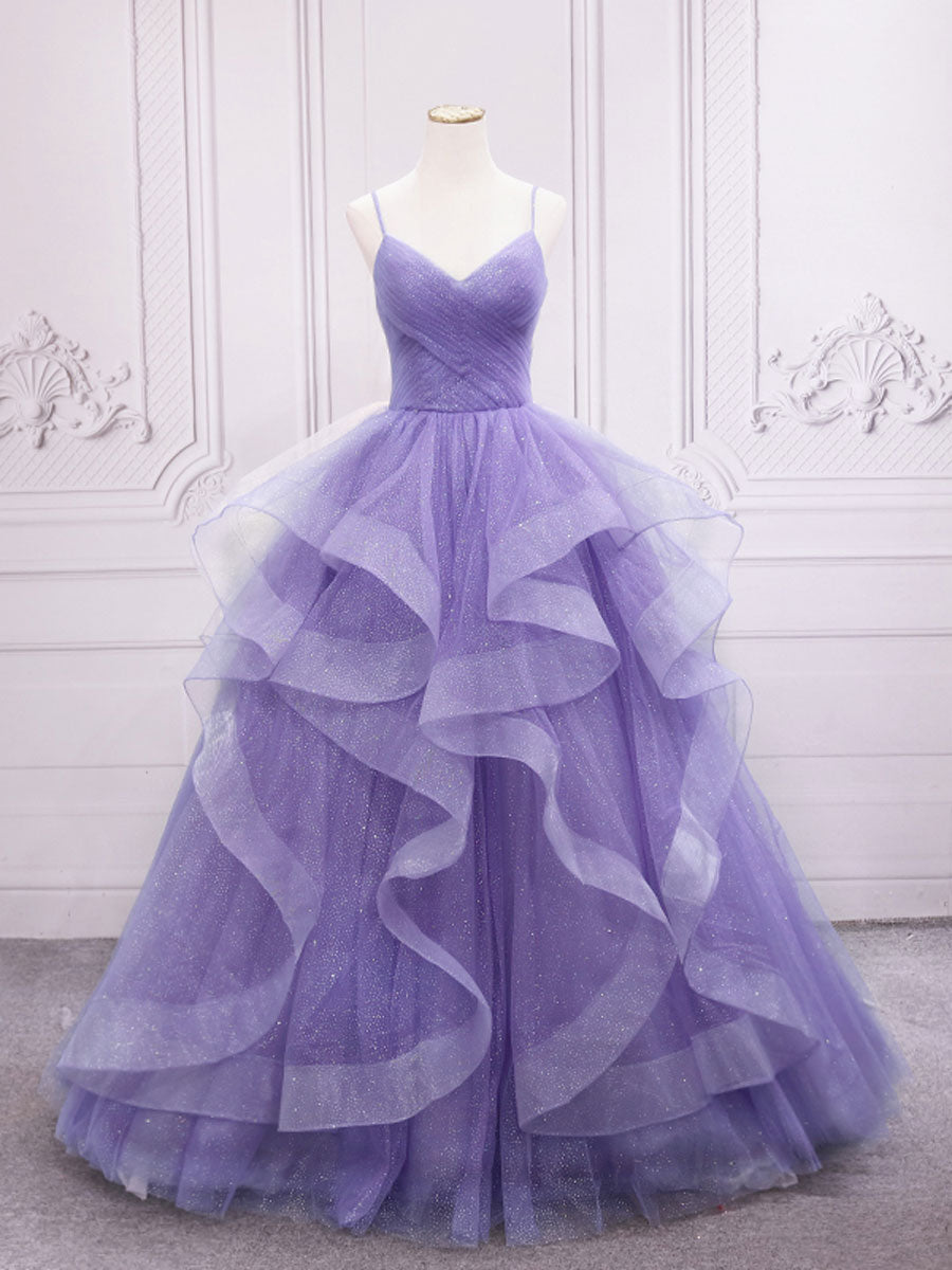 Purple v neck Tulle Long Prom Dress Outfits For Girls, Purple Sweet 16 Dress