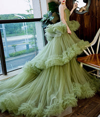 فستان الأميرة السباغيتي ذو الأشرطة الخضراء من التول الطويل، فستان رسمي متدرج