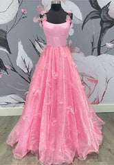 Pink Tulle Long A-Line Prom Dresses, Pink Evening Dresses