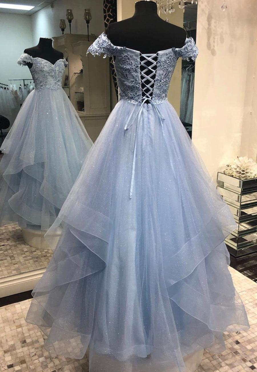 Blue Tulle Lace Long A-Line Prom Dresses