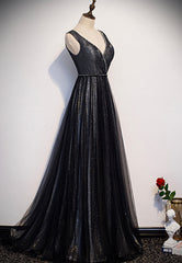 Black V-Neck Tulle Long Prom Dresses, A-Line Evening Dresses