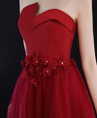 Burgundy Round Neck Tulle Long Prom Dress, Lace Evening Dress