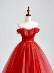 Red A-Line Long Prom Dress Outfits For Girls, Red Tulle Formal Graduation Dresses