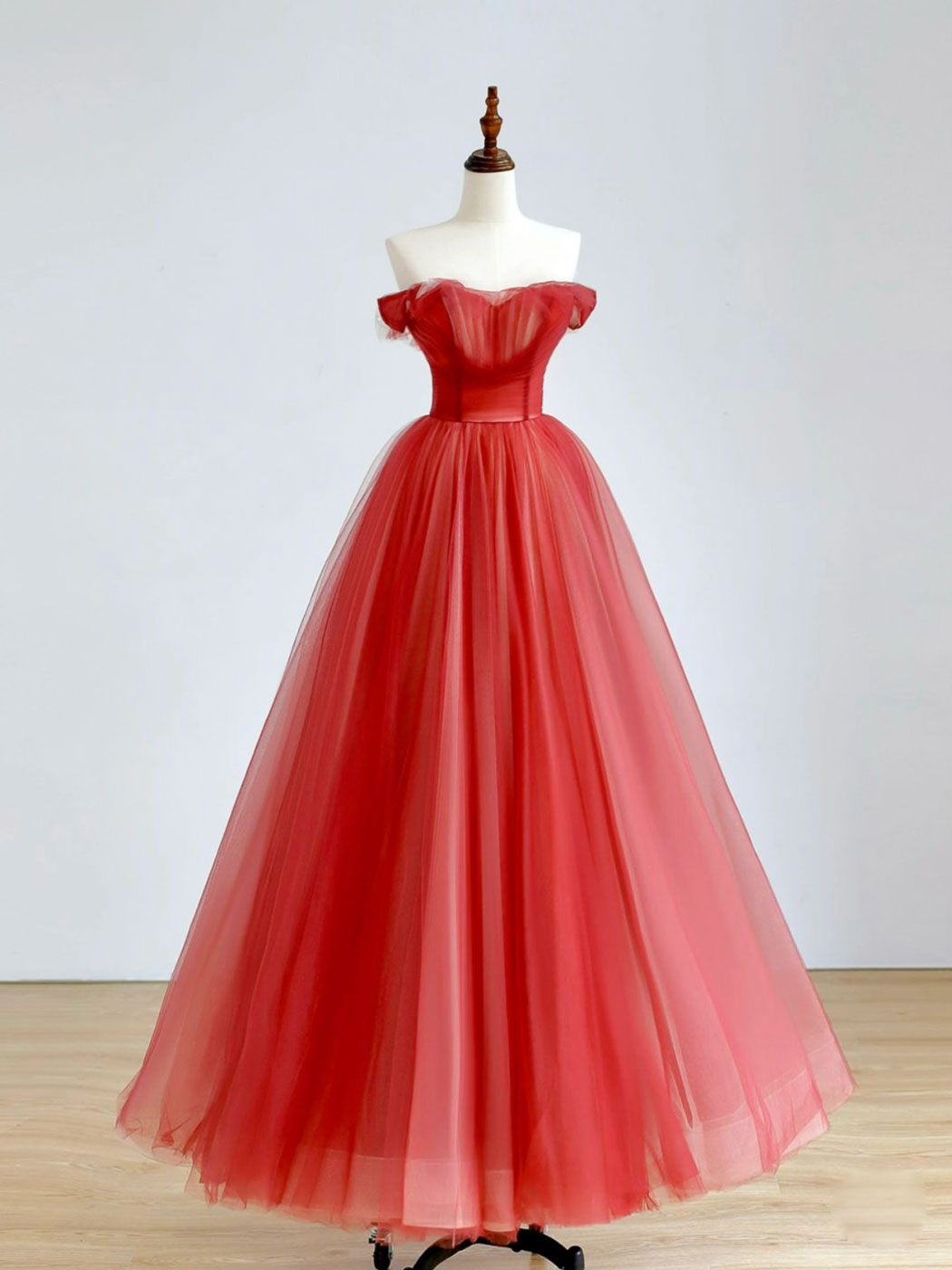 Red A-Line Long Prom Dress Outfits For Girls, Red Tulle Formal Graduation Dresses