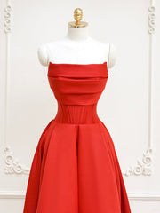 Red A-Line Satin Long Prom Dress Outfits For Girls, Red Long Formal Dress