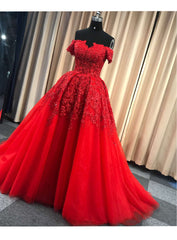 Red Gorgeous Sweetheart Off Shoulder Lace Applique Ball Gown Prom Dress Outfits For Girls, Red Evening Dress Outfits For Women Party Dress