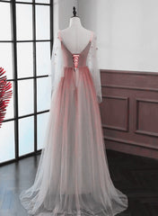 Red Gradient A-line Tulle with Lace Party Dress Outfits For Girls, Red Floor Length Prom Dress