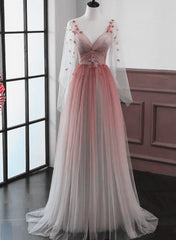 Red Gradient A-line Tulle with Lace Party Dress Outfits For Girls, Red Floor Length Prom Dress