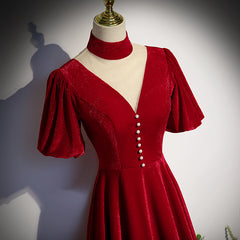 Red High Neckline Velvet Long Party Dress Outfits For Girls, Red Short Sleeves Velvet Prom Dress
