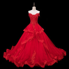 Red Lace and Tulle Gorgeous Off Shoulder Princess Sweet 16 Dress Outfits For Girls, Red Formal Gown