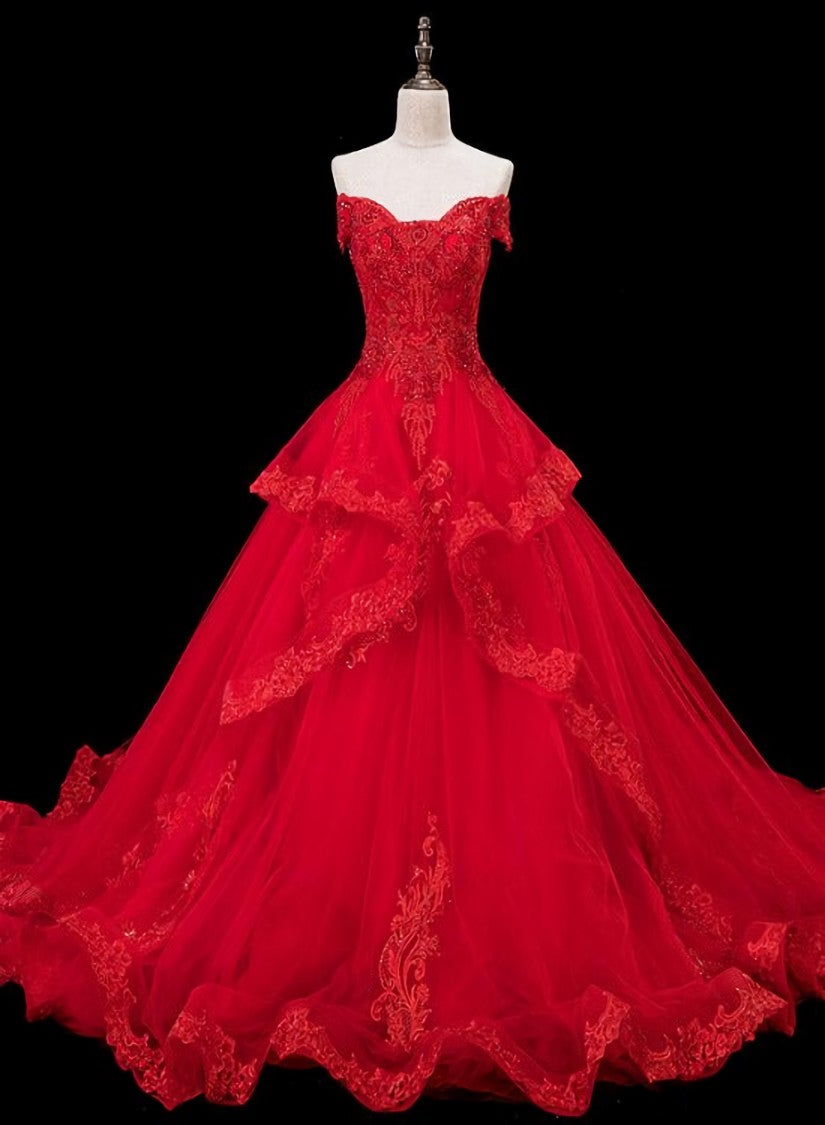 Red Lace and Tulle Gorgeous Off Shoulder Princess Sweet 16 Dress Outfits For Girls, Red Formal Gown