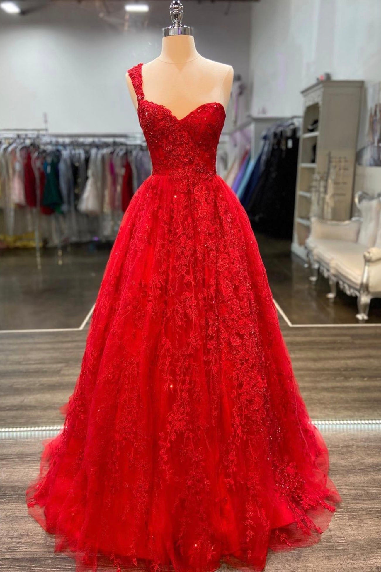 Red Lace Long A-Line Prom Dress Outfits For Girls, One Shoulder Evening Dress