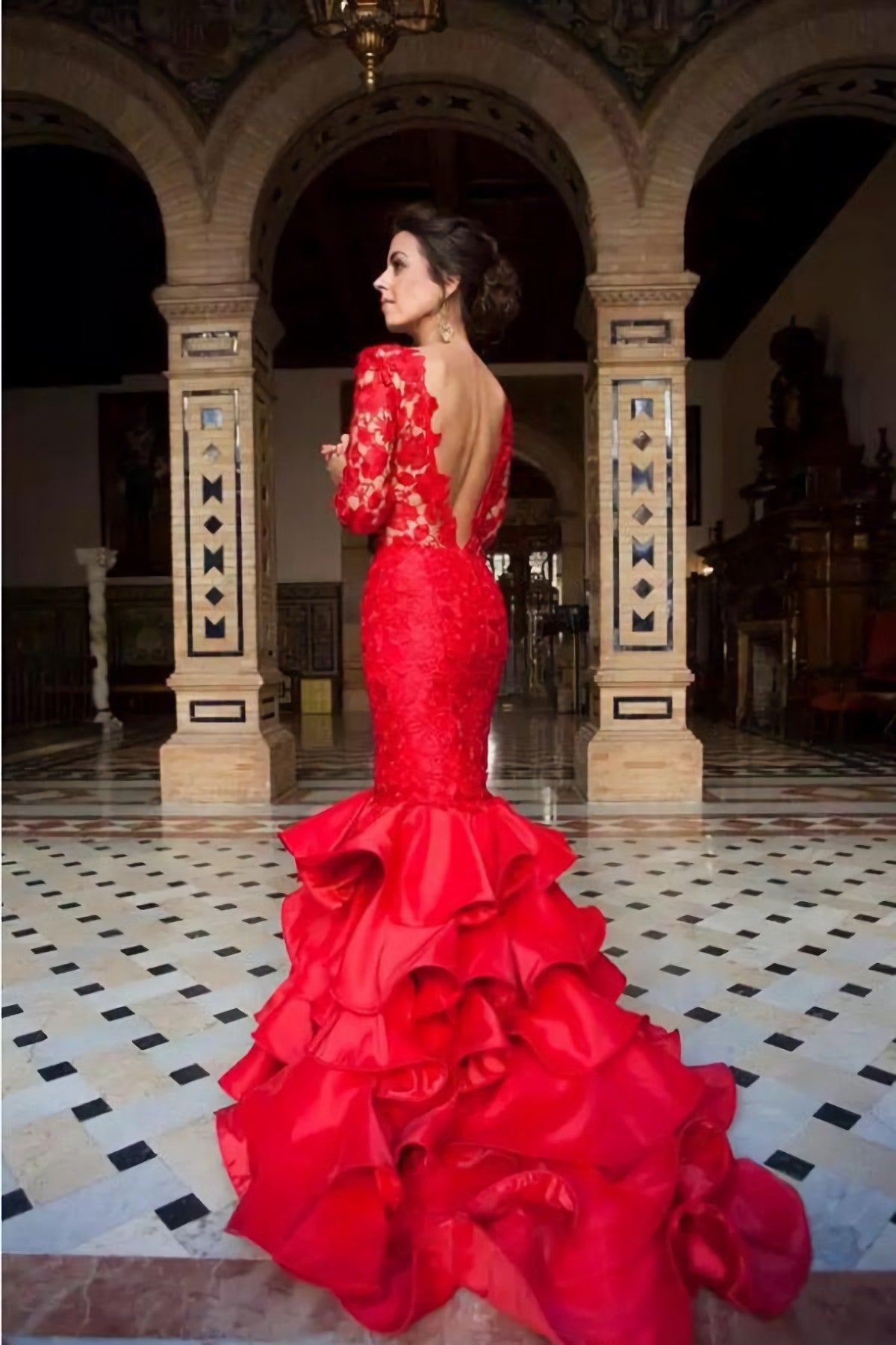 Red Lace Long Sleeves Mermaid Evening Gown With Ruffles Skirt