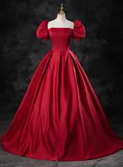 Red Satin A-line Short Sleeves Long Prom Dress Outfits For Girls, Red Long Formal Dress Outfits For Women Evening Dress