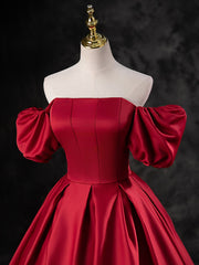 Red Satin A-line Short Sleeves Long Prom Dress Outfits For Girls, Red Long Formal Dress Outfits For Women Evening Dress