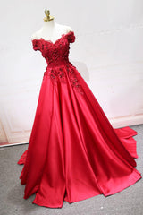 Red Satin Lace Long Prom Dress Outfits For Girls, Off Shoulder Evening Party Dress