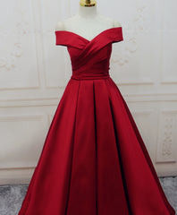 Red Satin Off Shoulder Handmade Long Formal Dress Outfits For Girls, Handmade Red Formal Gown
