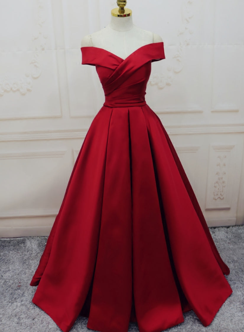 Red Satin Off Shoulder Handmade Long Formal Dress Outfits For Girls, Handmade Red Formal Gown