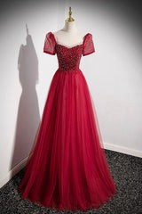 Red Scoop Neckline Tulle Formal Dress Outfits For Women with Beaded, A-Line Short Sleeve Party Dress