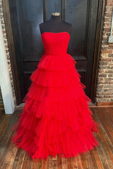 Red Strapless Tulle Layers Long Prom Dress Outfits For Girls, A-line Sweetheart Red Evening Dress
