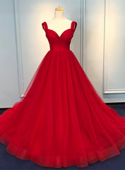 Red Sweetheart Straps Long Ball Gown Evening Dress Outfits For Girls, Red Tulle Prom Dress
