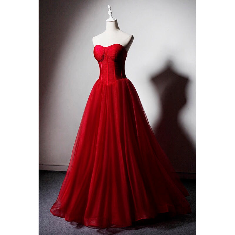 Red Sweetheart Tulle Ball Gown Floor Length Formal Dress Outfits For Girls, Red Tulle Evening Dress Outfits For Women Party Dress