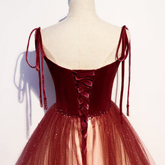 Red Sweetheart Velvet and Tulle Straps Long Party Dress Outfits For Girls, Gradient Tulle A-line Prom Dress