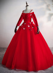 Red Tulle Ball Gown Off Shoulder Long Party Dress Outfits For Girls, Red Sweet 16 Dresses