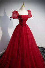 Red Tulle Floor Length Evening Party Dress Outfits For Girls, Red Short Sleeve Graduation Dress
